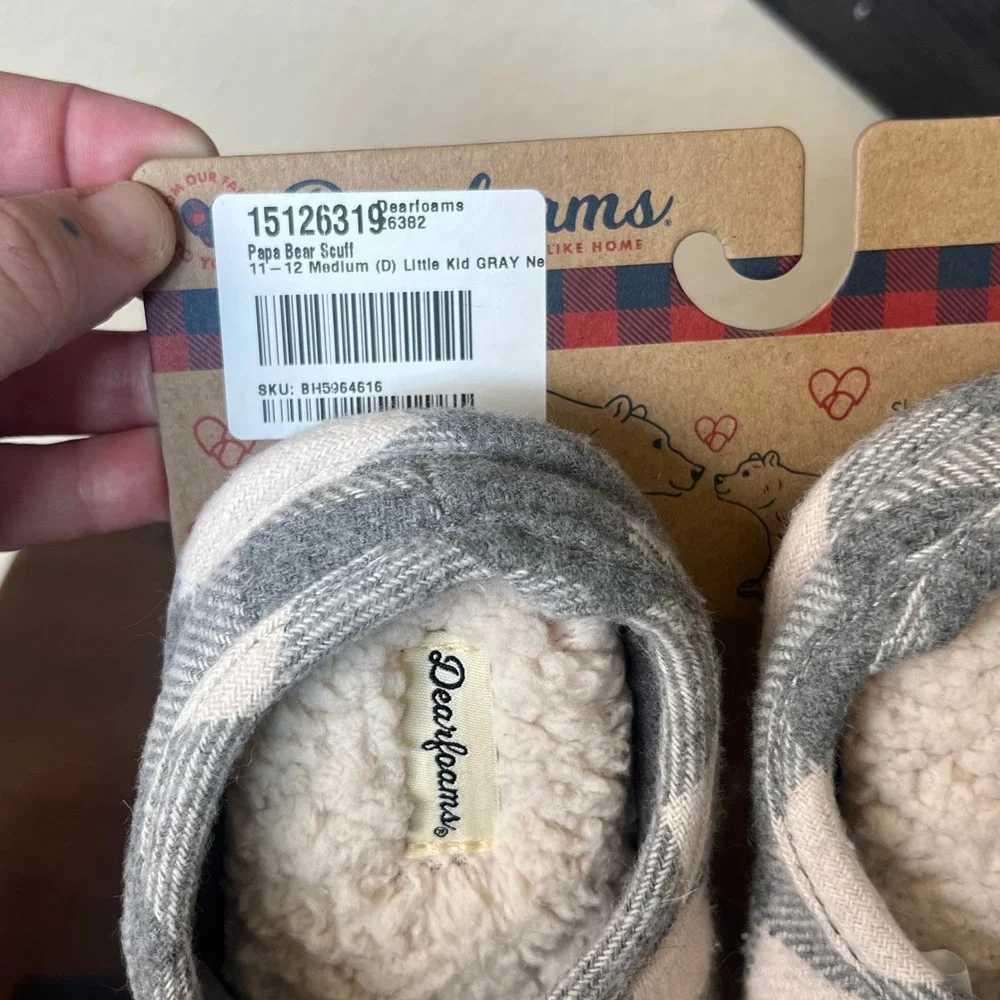 Dearfoams Kids Bear Buffalo Plaid Slippers Gray Cozy House Shoes Size 11/12